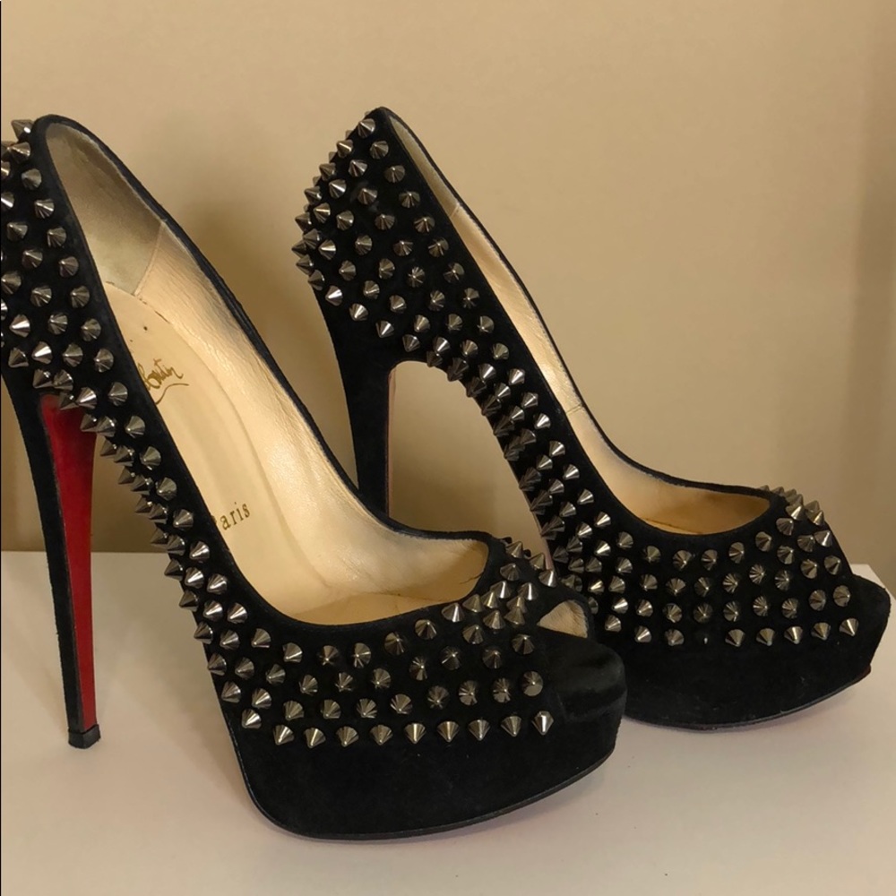 Christian Louboutin Blk Suede, Silver Spike Pump
